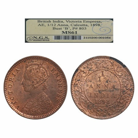 Victoria Empress, Copper, 1/12 Anna, 1898, Calcutta Mint, Obv B, No mint mark. F. Prid 803