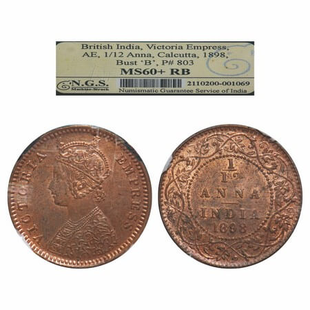 Victoria Empress, Copper, 1/12 Anna, 1898, Calcutta Mint, Obv B, No mint mark. F. Prid 803