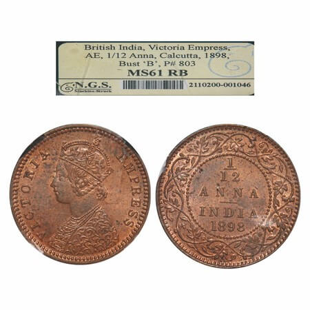 Victoria Empress, Copper, 1/12 Anna, 1898, Calcutta Mint, Obv B, No mint mark. F. Prid 803