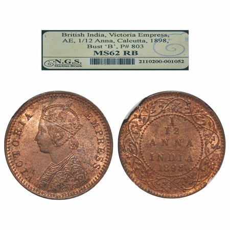 Victoria Empress, Copper, 1/12 Anna, 1898, Calcutta Mint, Obv B, No mint mark. F. Prid 803