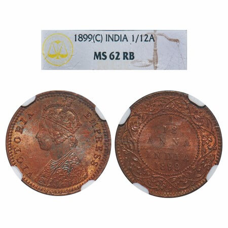 Victoria Empress, Copper, 1/12 Anna 1899, Calcutta Mint, Obv B, No mint mark. F. Prid 804.