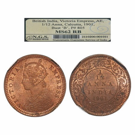 Victoria Empress, Copper, 1/12 Anna, 1901, Calcutta Mint, Obv B, No mint mark. F. Prid 805