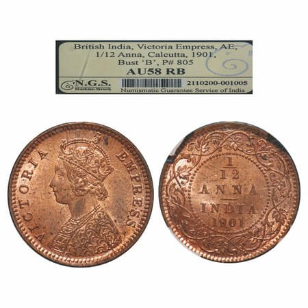 Victoria Empress, Copper, 1/12 Anna, 1901, Calcutta Mint, Obv B, No mint mark. F. Prid 805