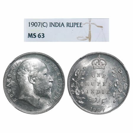 Edward VII, Silver, Rupee, 1907, Calcutta Mint, No mint mark. F. Prid 193. GK 942. NGC Sla