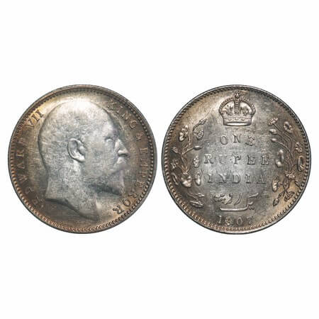 Edward VII, Silver, Rupee, 1907, Bombay Mint, 'B' incused and dot. F. Prid 203. GK 944. Un