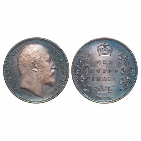 Edward VII, Silver, Rupee, 1908, Calcutta Mint, No mint mark. F. Prid 194. GK 946. Uncircu