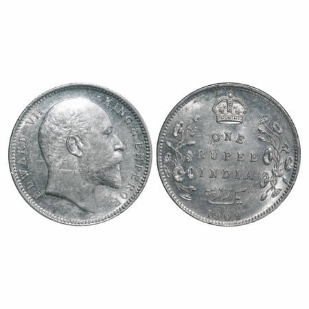Edward VII, Silver, Rupee, 1909, Calcutta Mint, No mint mark, Ghost on Rev. F. Prid 195. G