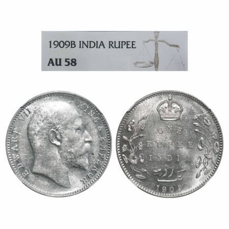 Edward VII, Silver, Rupee, 1909, Bombay Mint, 'B' incused and dot. F. Prid 205. GK 952. NG