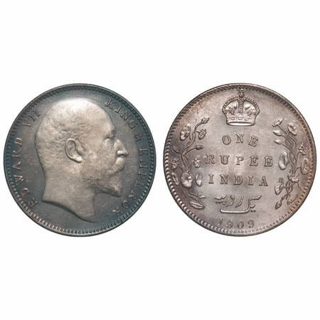 Edward VII, Silver, Rupee, 1909, Bombay Mint, No 'B' only dot, Ghost on Rev. F. Prid Unlis