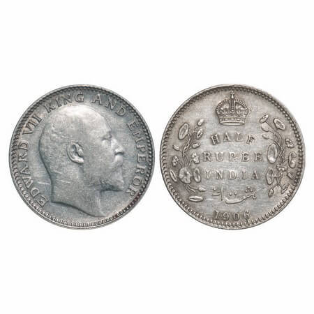 Edward VII, Silver, Half Rupee, 1906, Calcutta Mint, No mint mark. F. Prid 310. GK 964. Ex