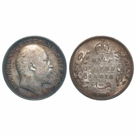 Edward VII, Silver, Half Rupee, 1906, Calcutta Mint, No mint mark. F. Prid 310. GK 964. Al