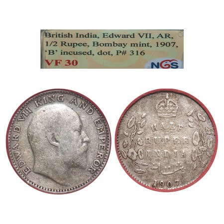Edward VII, Silver, Half Rupee, 1907, Bombay Mint, 'B' incused, No dot. F. Prid 316. GK 96
