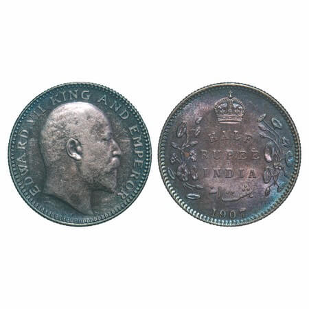 Edward VII, Silver, Half Rupee, 1907, Calcutta Mint, No mint mark. F. Prid 311. GK 967. Un