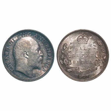 Edward VII, Silver, Half Rupee, 1907, Calcutta Mint, No mint mark. F. Prid 311. GK 967. Al