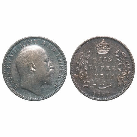 Edward VII, Silver, Half Rupee, 1908, Calcutta Mint, No mint mark. F. Prid 312. GK 968. Ve