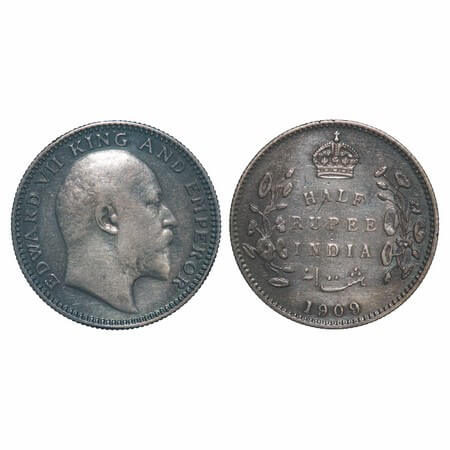 Edward VII, Silver, Half Rupee, 1909, Calcutta Mint, No mint mark. F. Prid 313. GK 969. Ve