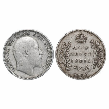 Edward VII, Silver, Half Rupee, 1909, Calcutta Mint, No mint mark. F. Prid 313. GK 969. Ve