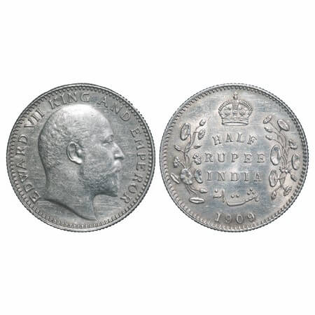 Edward VII, Silver, Half Rupee, 1909, Calcutta Mint, No mint mark. F. Prid 313. GK 969. Ab