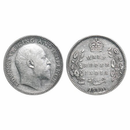 Edward VII, Silver, Half Rupee, 1910, Bombay Mint, 'B' incused & dot. F. Prid 317. GK 970.