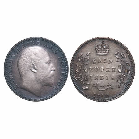 Edward VII, Silver, Half Rupee, 1910, Bombay Mint, 'B' incused and dot. F. Prid 317. GK 97