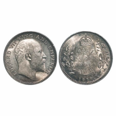 Edward VII, Silver, Half Rupee, 1910, Calcutta Mint, No mint mark. F. Prid 314. GK 971. Al