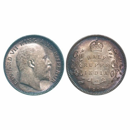 Edward VII, Silver, Half Rupee, 1910, Calcutta Mint, No mint mark. F. Prid 314. GK 971. Un