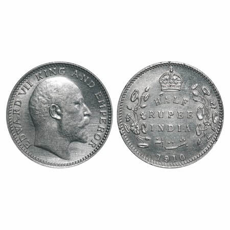 Edward VII, Silver, Half Rupee, 1910, Calcutta Mint, No mint mark. F. Prid 314. GK 971. Ab