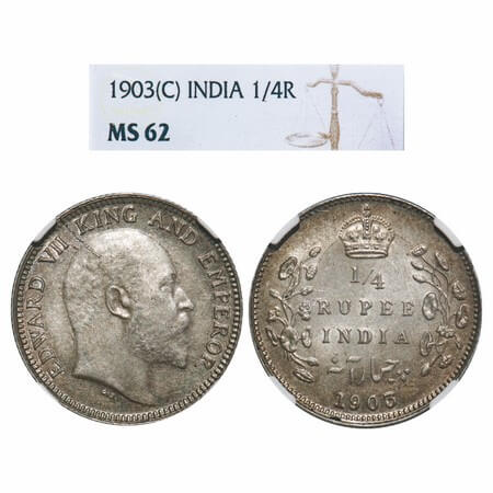 Edward VII, Silver, 1/4 Rupee, 1903, Calcutta Mint, No mint mark. F. Prid 432. GK 972. NGC