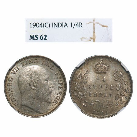Edward VII, Silver, 1/4 Rupee, 1904, Calcutta Mint, No mint mark. F. Prid 433. GK 973. NGC
