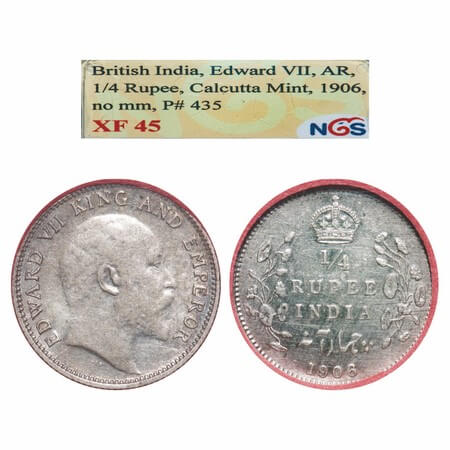 Edward VII, Silver, 1/4 Rupee, 1906, Calcutta Mint, No mint mark. F. Prid. 435. GK 975. NG