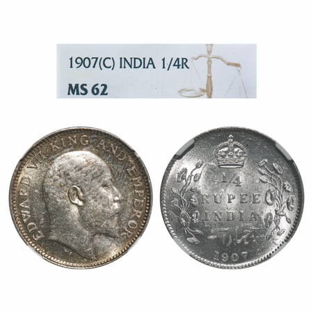 Edward VII, Silver, 1/4 Rupee, 1907, Calcutta Mint, No mint mark. F. Prid 436. GK 976. NGC