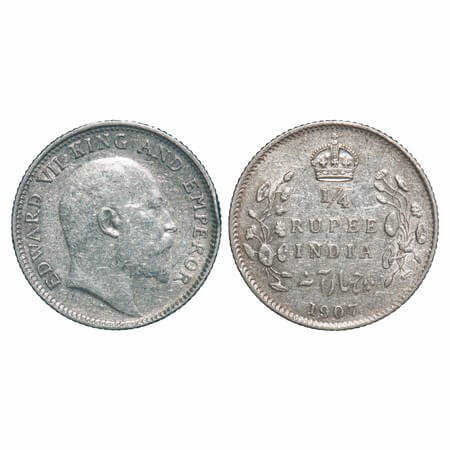 Edward VII, Silver, 1/4 Rupee, 1907, Calcutta Mint, No mint mark. F. Prid 436. GK 976. Ext