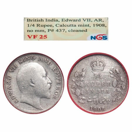 Edward VII, Silver, 1/4 Rupee, 1908, Calcutta Mint, No mint mark. F. Prid. 437. GK 977. NG