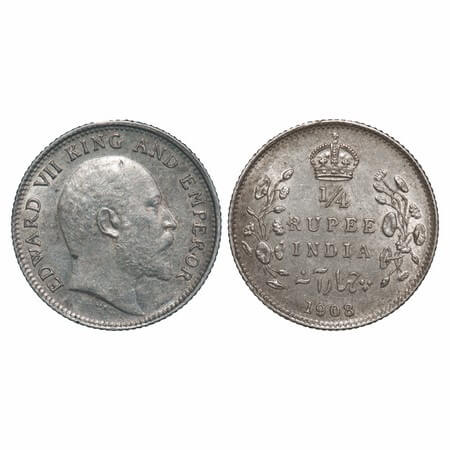 Edward VII, Silver, 1/4 Rupee, 1908, Calcutta Mint, No mint mark. F. Prid. 437. GK 977. Ex
