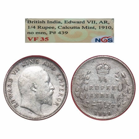 Edward VII, Silver, 1/4 Rupee, 1910, Calcutta Mint, No mint mark. F. Prid. 439. GK 978. NG