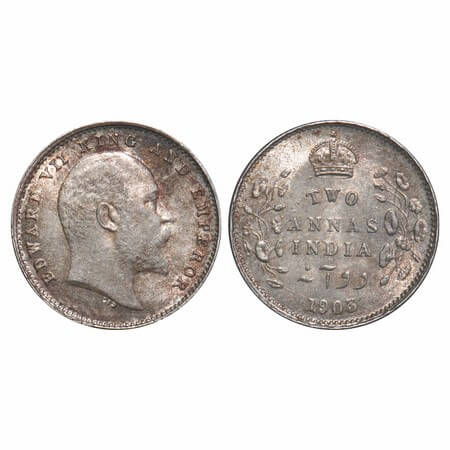 Edward VII, Silver, 2 Annas, 1903, Calcutta Mint, No mint mark. F. Prid 558. GK 980. Uncir
