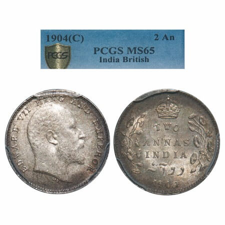 Edward VII, Silver, 2 Annas, 1904, Calcutta Mint, No mint mark. F. Prid 557. GK 981. PCGS 