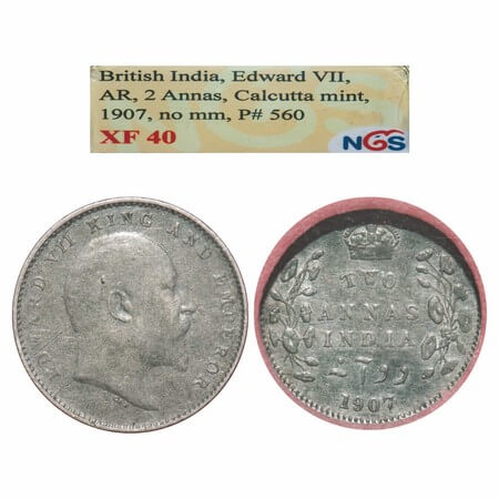Edward VII, Silver, 2 Annas, 1907, Calcutta Mint, No mint mark. F. Prid. 560. GK 984. NGS 