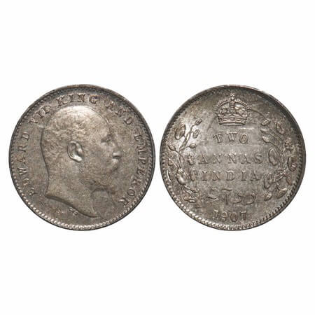 Edward VII, Silver, 2 Annas, 1907, Calcutta Mint, No mint mark, Ghost on Rev. F. Prid. 560