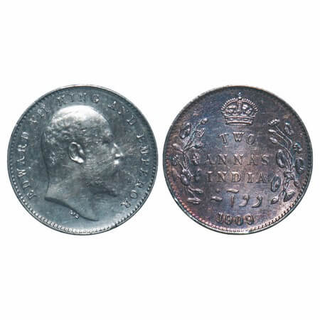 Edward VII, Silver, 2 Annas, 1909, Calcutta Mint, No mint mark, Struck through Error on Re