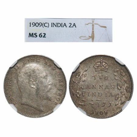 Edward VII, Silver, 2 Annas, 1909, Calcutta Mint, No mint mark. F. Prid 562. GK 986. NGC s