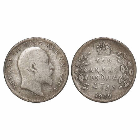 Edward VII, Silver, 2 Annas, 1909, Calcutta Mint, No mint mark. F. Prid 562. GK 986. Very 