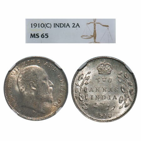 Edward VII, Silver, 2 Annas, 1910, Calcutta Mint, No mint mark. F. Prid 563. GK 987. NGC S