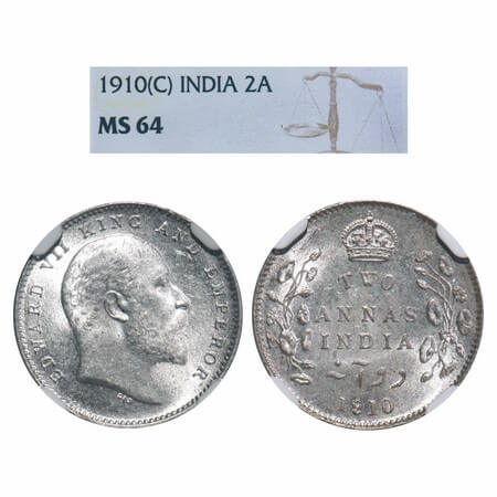 Edward VII, Silver, 2 Annas, 1910, Calcutta Mint, No mint mark. F. Prid 563. GK 987. NGC S