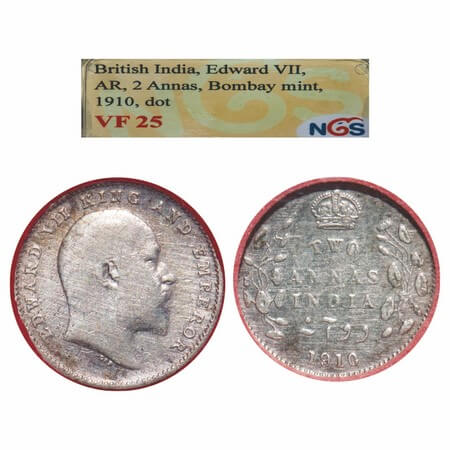 Edward VII, Silver, 2 Annas, 1910, Bombay Mint, Dot. F. Prid Unlisted. GK 988. NGS Slabbed