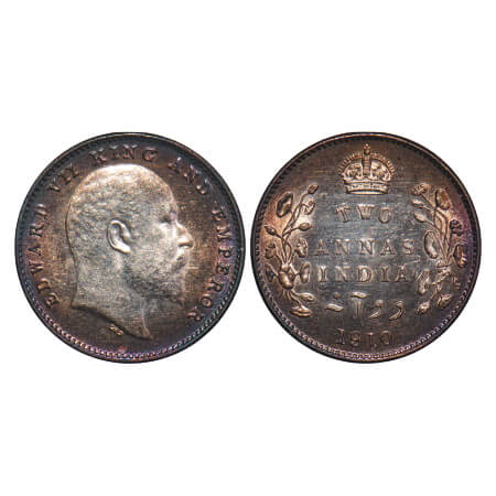 Edward VII, Silver, 2 Annas, 1910, Bombay Mint, Dot. F. Prid Unlisted. GK 988. Brilliant U