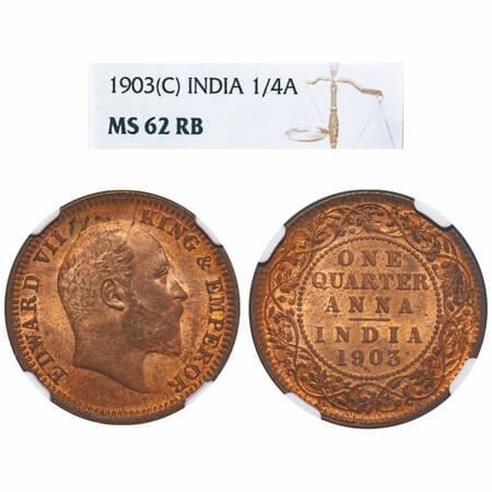 Edward VII, Copper, Quarter Anna, 1903, Calcutta Mint, No mint mark. F. Prid 646. GK 994. 