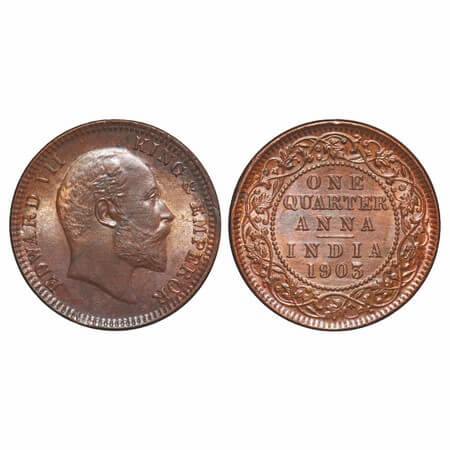 Edward VII, Copper, Quarter Anna, 1903, Calcutta Mint, No mint mark. F. Prid 646. GK 994.