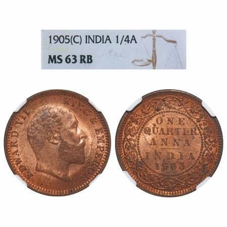 Edward VII, Copper, Quarter Anna, 1905, Calcutta Mint, No mint mark. F. Prid 649. GK 996. 