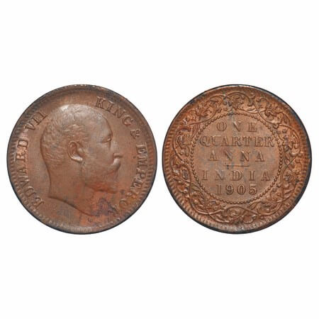Edward VII, Copper, Quarter Anna, 1905, Calcutta Mint, No mint mark. F. Prid 649. GK 996. 